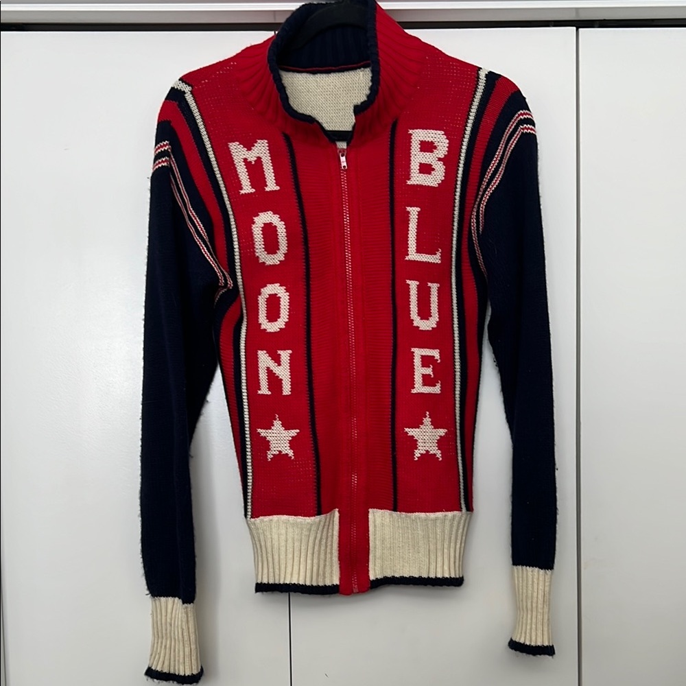 Red and Blue Zip-Up Sweater Moon Blue casual Vintage Knit Sweater Zip Up = - Picture 1 of 6